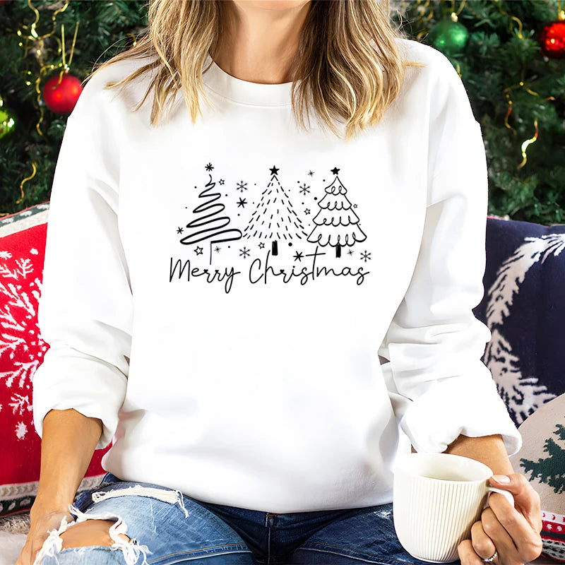 Merry Christmas Tree Trending Sweatshirts Women Funny Festive Fashion Casual Hoodies Trendy Christmas Tree Design Holiday Hoodie