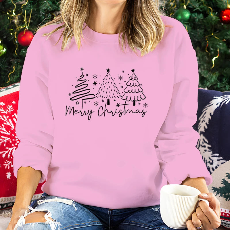 Merry Christmas Tree Trending Sweatshirts Women Funny Festive Fashion Casual Hoodies Trendy Christmas Tree Design Holiday Hoodie