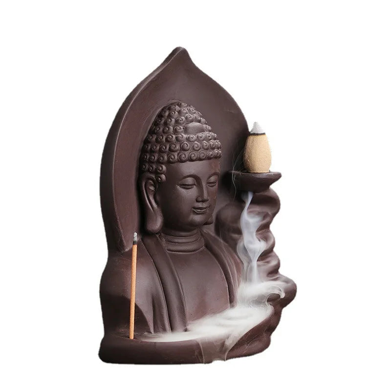 1Pc Auspicious Clouds Buddha Purple Clay Backflow Incense Burner Incense Stick Holder Home Office Tea House Decorate -No Incense