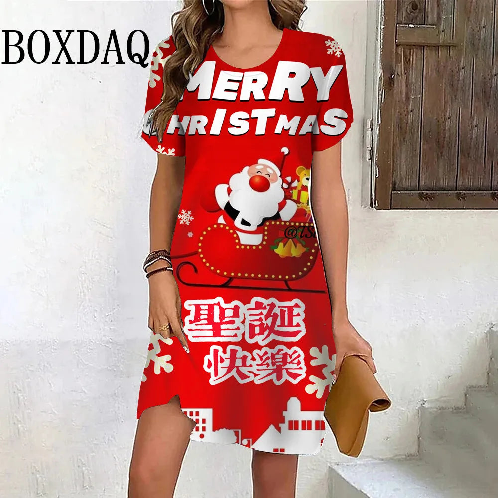 Funny Cute 3D Print Santa Claus Women Mini Dress Christmas Pattern Casual Festival Short Sleeve A-Line Dress Fashion New Clothes