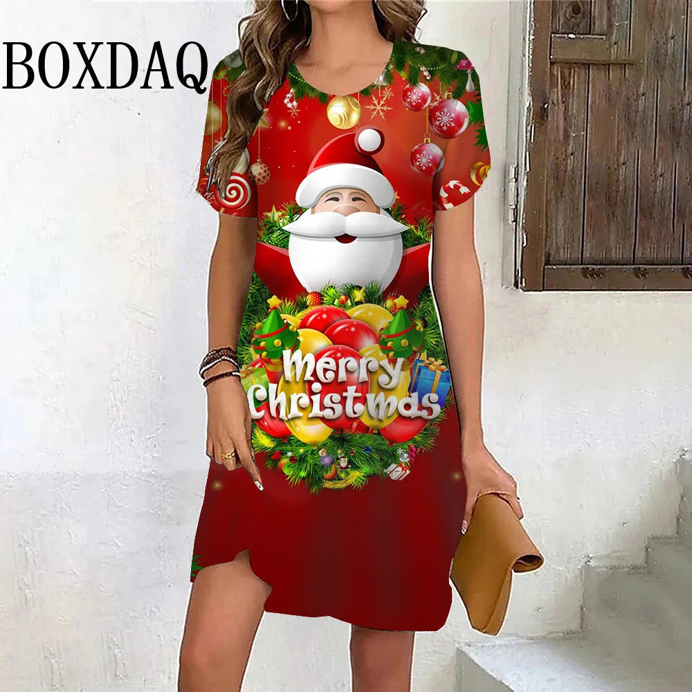 Funny Cute 3D Print Santa Claus Women Mini Dress Christmas Pattern Casual Festival Short Sleeve A-Line Dress Fashion New Clothes