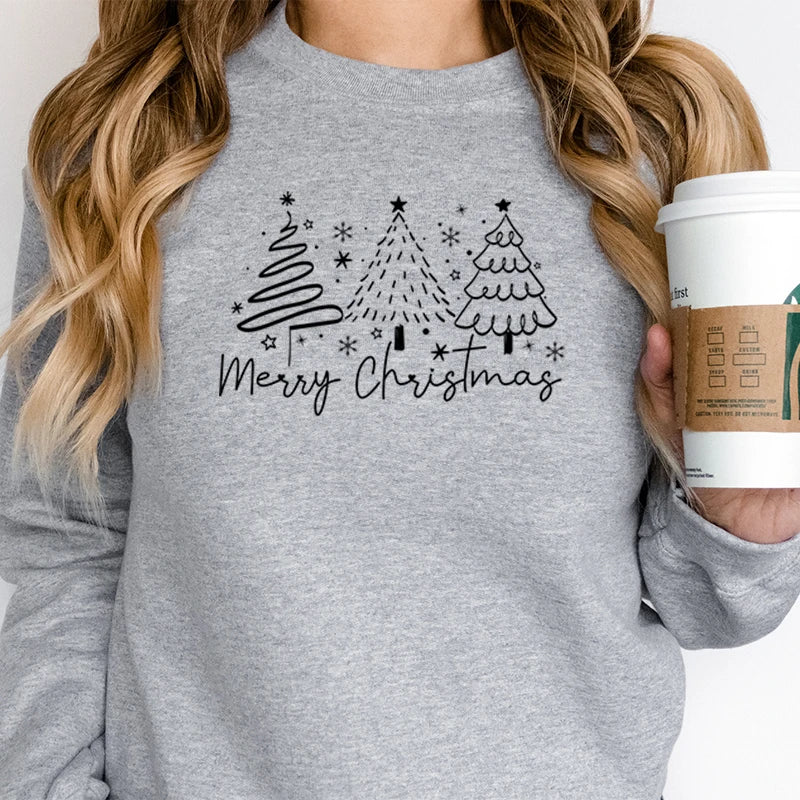 Merry Christmas Tree Trending Sweatshirts Women Funny Festive Fashion Casual Hoodies Trendy Christmas Tree Design Holiday Hoodie