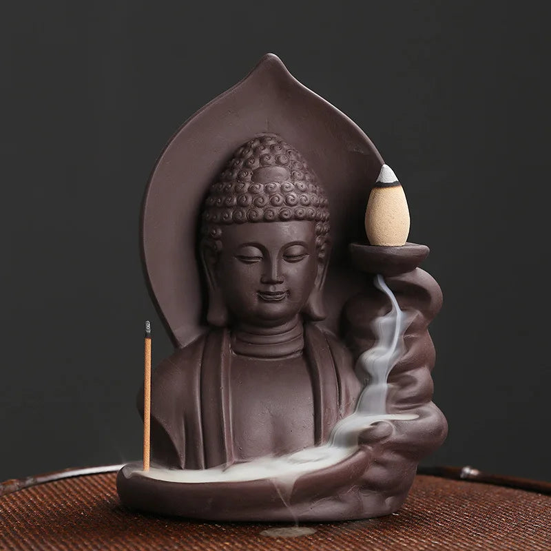 1Pc Auspicious Clouds Buddha Purple Clay Backflow Incense Burner Incense Stick Holder Home Office Tea House Decorate -No Incense