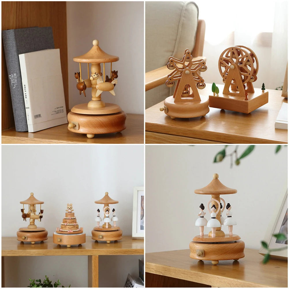 Carousel Music Box Wooden Music Box Wind Up Cartoon Musical Boxes For Girls Christmas Birthday Gift Or Desk Decoration Ornament