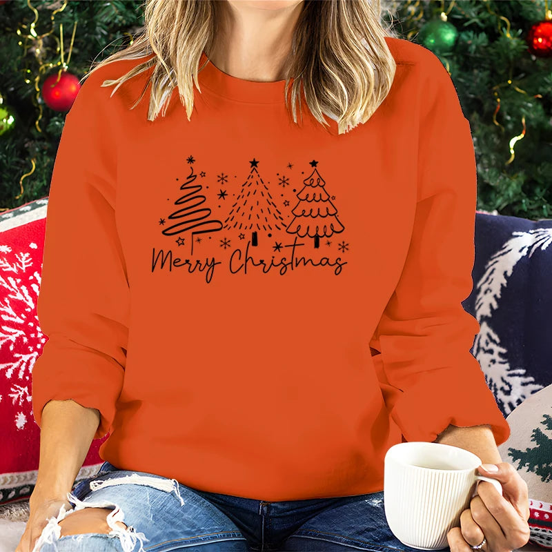 Merry Christmas Tree Trending Sweatshirts Women Funny Festive Fashion Casual Hoodies Trendy Christmas Tree Design Holiday Hoodie