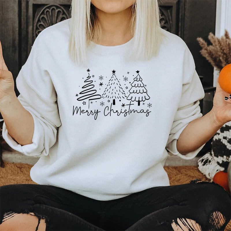 Merry Christmas Tree Trending Sweatshirts Women Funny Festive Fashion Casual Hoodies Trendy Christmas Tree Design Holiday Hoodie