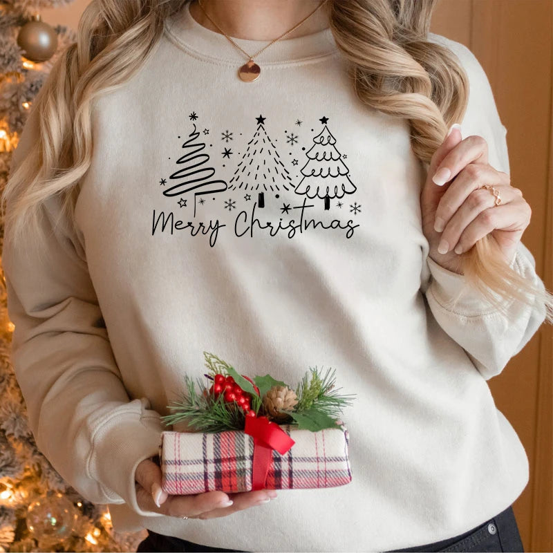 Merry Christmas Tree Trending Sweatshirts Women Funny Festive Fashion Casual Hoodies Trendy Christmas Tree Design Holiday Hoodie