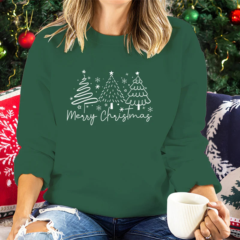 Merry Christmas Tree Trending Sweatshirts Women Funny Festive Fashion Casual Hoodies Trendy Christmas Tree Design Holiday Hoodie