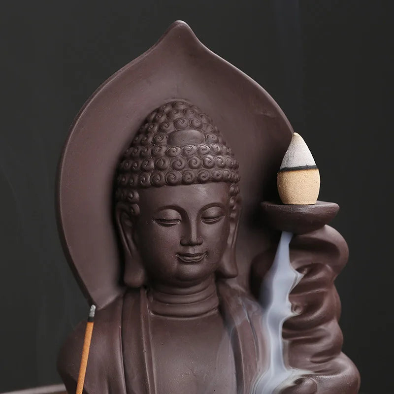 1Pc Auspicious Clouds Buddha Purple Clay Backflow Incense Burner Incense Stick Holder Home Office Tea House Decorate -No Incense