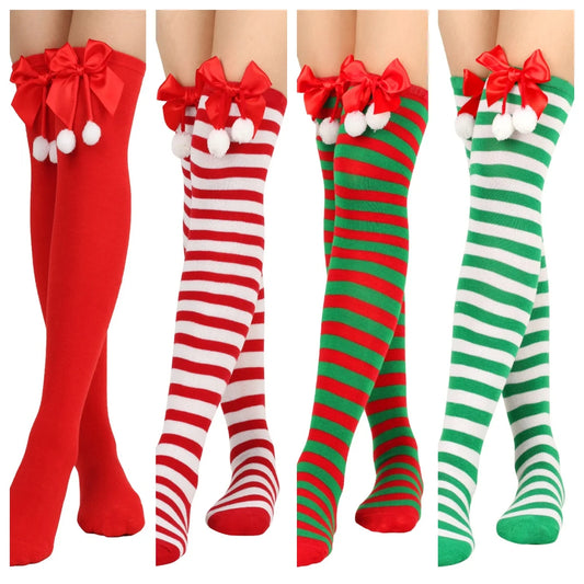 1 pair of girls,  teenagers, bow  Christmas socks, ball socks, knee high socks,  long stockings, Christmas striped stockings