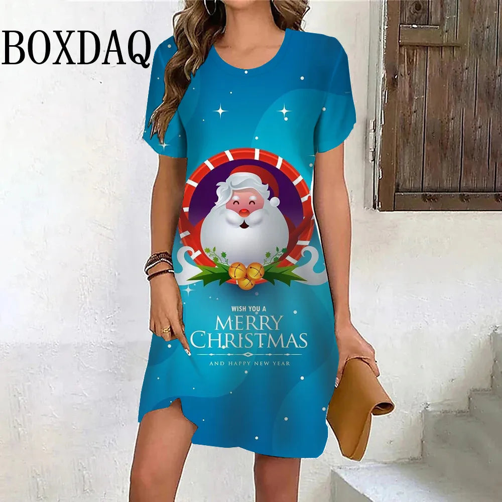 Funny Cute 3D Print Santa Claus Women Mini Dress Christmas Pattern Casual Festival Short Sleeve A-Line Dress Fashion New Clothes