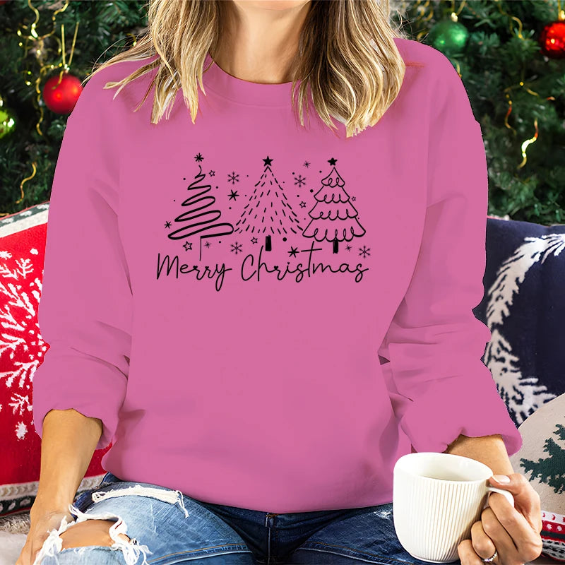 Merry Christmas Tree Trending Sweatshirts Women Funny Festive Fashion Casual Hoodies Trendy Christmas Tree Design Holiday Hoodie